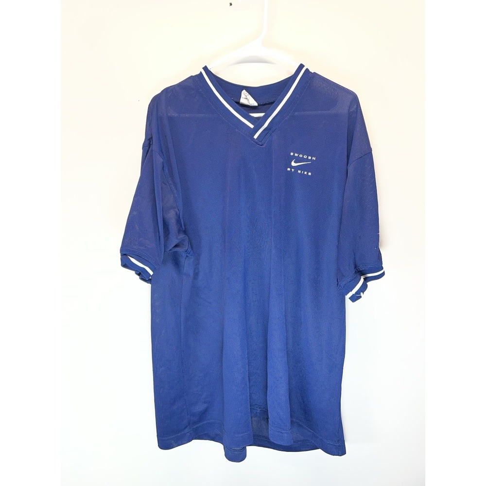 #B252 Men XL NIKE VINTAGE SWOOSH MESH V NECK SHIRT BLUE